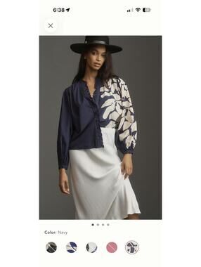 Forever That Girl Printed Ruffle Buttondown Blouse NWT Navy XL